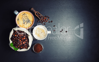 Coffee cups, coffee beans