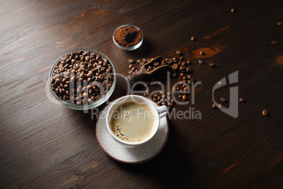 Coffee cup, coffee beans