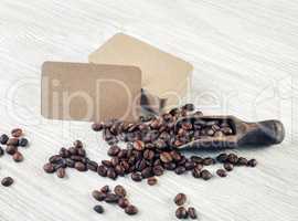 Blank business cards, coffee beans