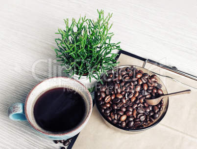 Coffee cup, plant, coffee beans