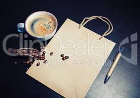 Bag, coffee, pen