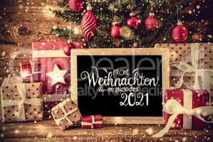 Christmas Tree, Gift, Snowflakes, Text Glueckliches 2021 Means Happy 2021