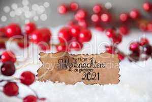 Red Christmas Decoration, Snow, Label, Glueckliches 2021 Means Happy 2021