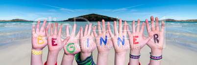 Children Hands Building Word Beginner, Ocean Background