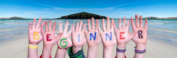 Children Hands Building Word Beginner, Ocean Background