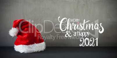 Red Santa Hat, Cement, Calligraphy Merry Christmas And Happy 2021