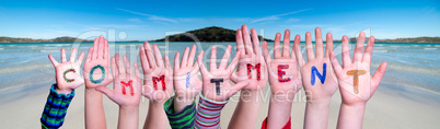Children Hands Building Word Commitment, Ocean Background