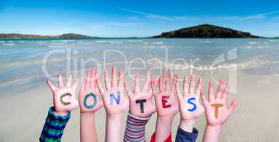 Children Hands Building Word Contest, Ocean Background
