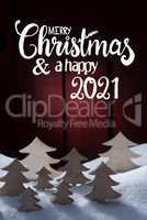 Christmas Tree, Snow, Merry Christmas And Happy 2021, Red Background