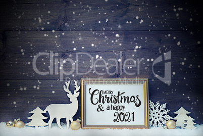 Vintage Frame, Golden Ball, Tree, Snow, Deer, Merry Christmas And A Happy 2021