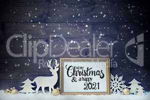 Vintage Frame, Golden Ball, Tree, Snow, Deer, Merry Christmas And A Happy 2021