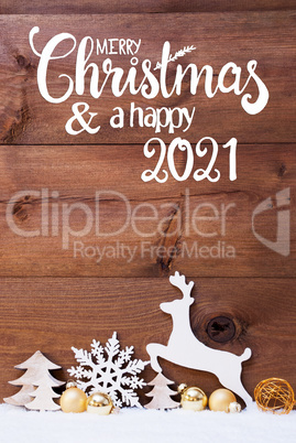 Snow, Deer, Tree, Golden Ball, Merry Christmas And Happy 2021