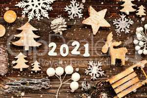 Wooden Christmas Decoration, 2021, Tree, Fir Cone And Sled, Snowflakes