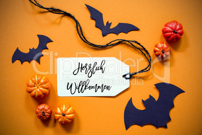 Label With Herzlich Willkommen Means Welcome, Halloween And Autumn Decoration