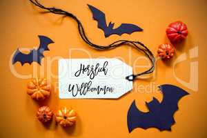 Label With Herzlich Willkommen Means Welcome, Halloween And Autumn Decoration