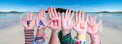 Children Hands Building Word Family, Ocean Background