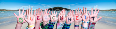 Children Hands Building Word Gleichheit Means Equality, Ocean Background
