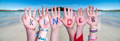 Children Hands Building Word Kinder Means Kids, Ocean Background