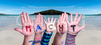 Children Hands Building Word Macht Means Power, Ocean Background