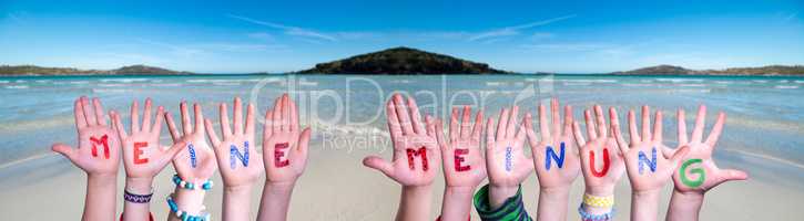 Children Hands Building Word Meine Meinung Means My Opinion, Ocean Background