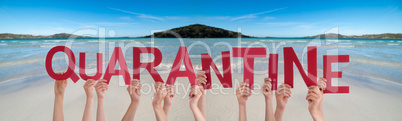 People Hands Holding Word Quarantine, Ocean Background