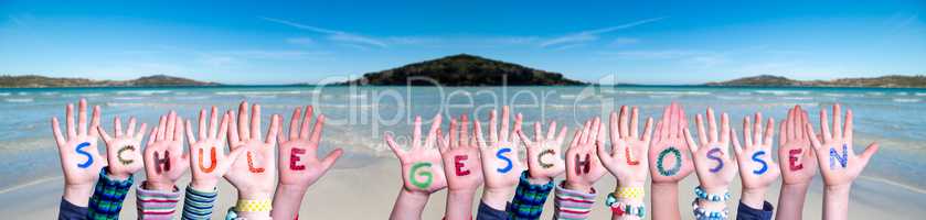 Hands Building Word Schule Geschlossen Means School Closed, Ocean Background