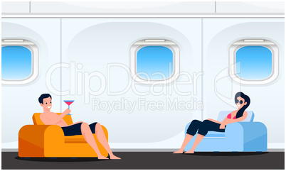 Couple is enjoying drinks sitting in the aircraft