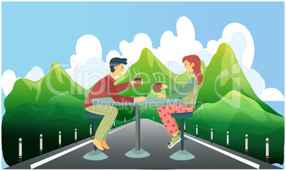 couple is enjoying coffee sitting on the road