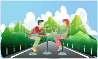 couple is enjoying coffee sitting on the road