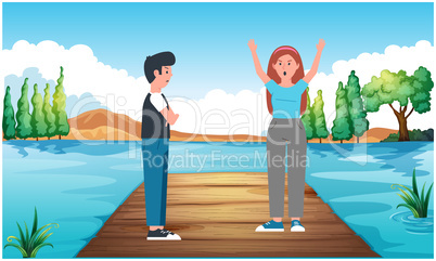 Couple is fighting on a sea bridge