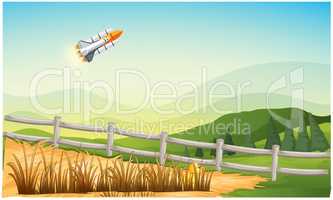 spacecraft travelling above the agriculture farm