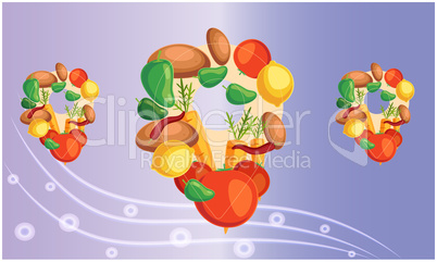 digital textile design of fruits and vegetables on abstract background