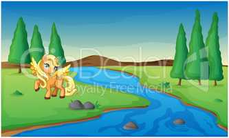 cute little unicorn playing near the river