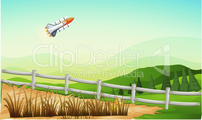 spacecraft travelling above the agriculture farm