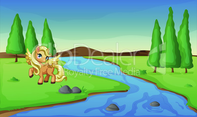 cute little unicorn playing near the river