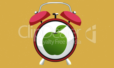 digital design of alarm clock and fruit on abstract background
