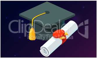 mock up illustration of graduation cap and certificate on abstract background