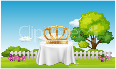 Crown is placed on a table in the garden