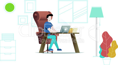 a man is working in office on chair and working on laptop