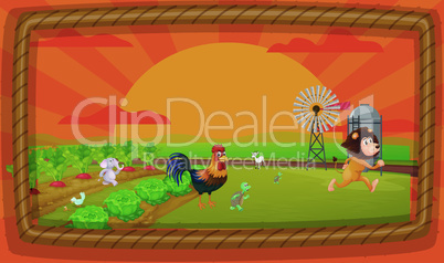 a nature scene , lion running, tortoise and a wind mill