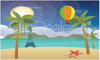 hot air balloon fly at sea above, star fish at beach