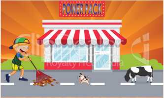boy is cleaning road in front of shop, animals, boy, shop, abstract background