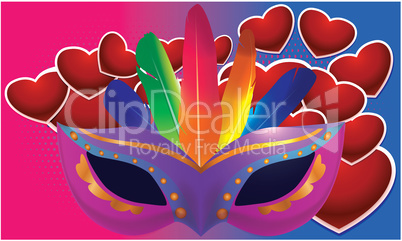a carnival masquerade party mask with lots of love and hearts