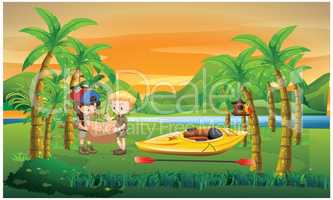 kids are playing outdoor, make plan to swim with boat