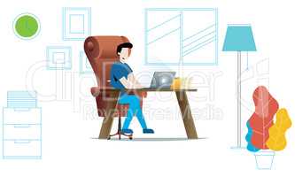 a man is working in office on chair and working on laptop