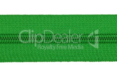 Closed green zipper isolated on white background. Green zipper for tailor sewing.