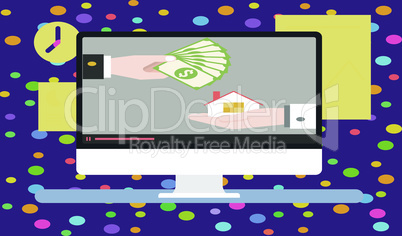 a desktop screen with purchase of house with money on abstract background