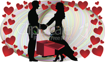 couple dancing with love on abstract heart background with gifts