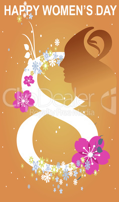 women day invite with date, flowers and abstract lady