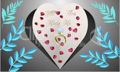 paper cut heart on abstract floral background with ring and rose petals
